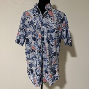 Izod Men's Short Sleeve Button-Up Saltwater Shirt Flamingos Size Medium Blue EUC